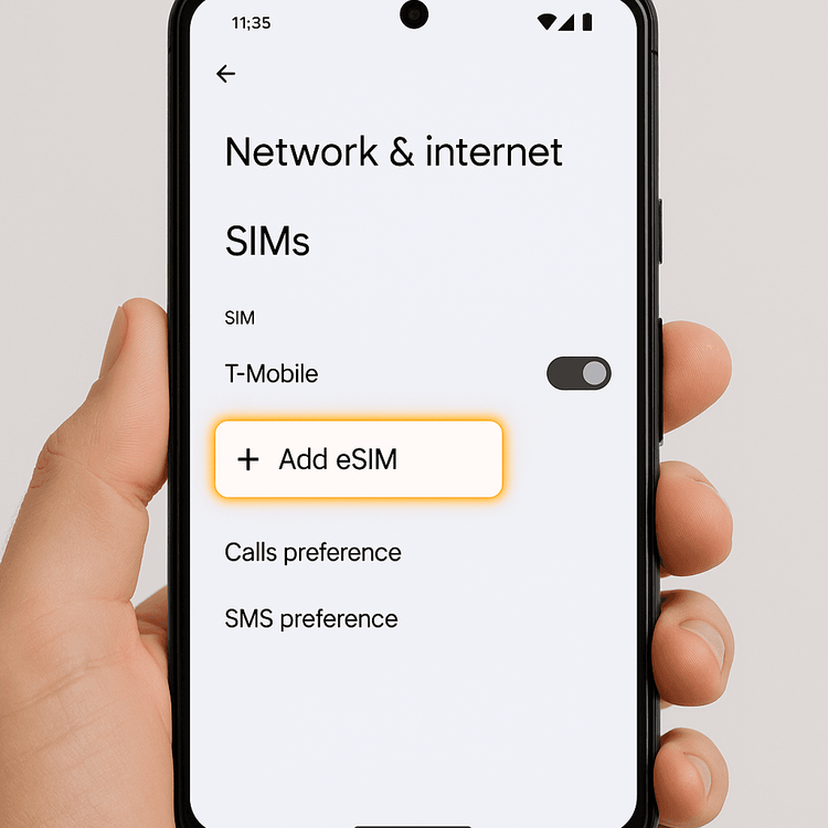 Screenshot of an Android settings screen showing the 'Add eSIM' option, indicating the phone is likely unlocked and compatible.