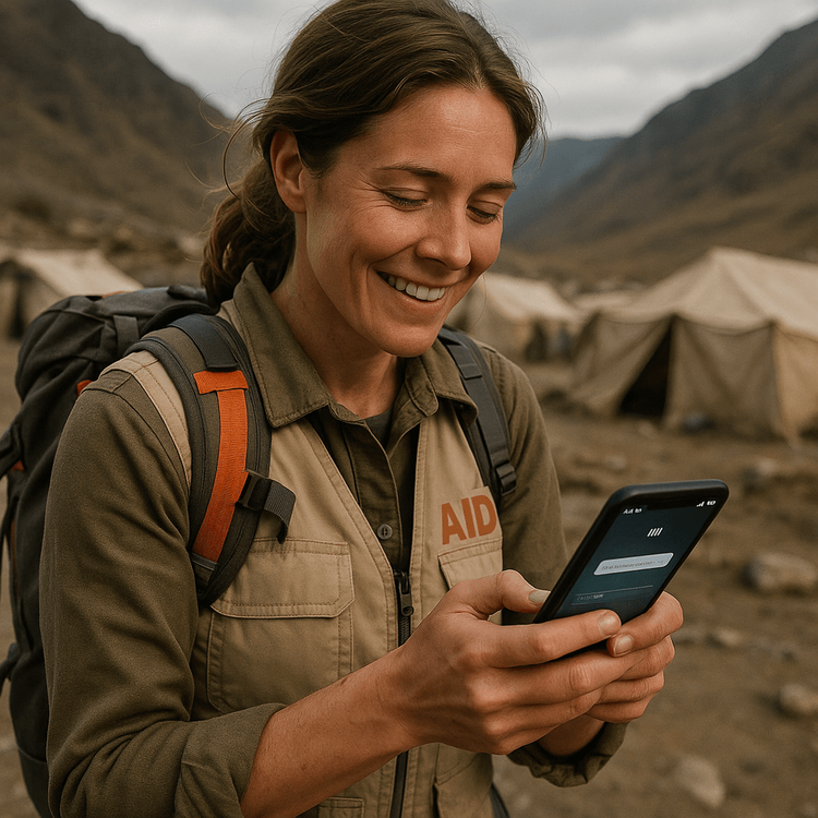 Aid worker using a smartphone for emergency communication in a remote crisis zone, feeling relieved.