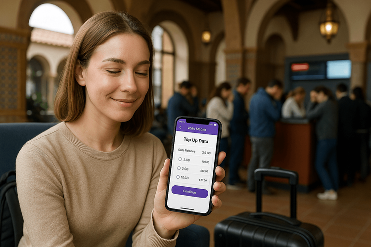 A traveler calmly using her Yoho Mobile eSIM to manage her travel disruption while others wait in line.