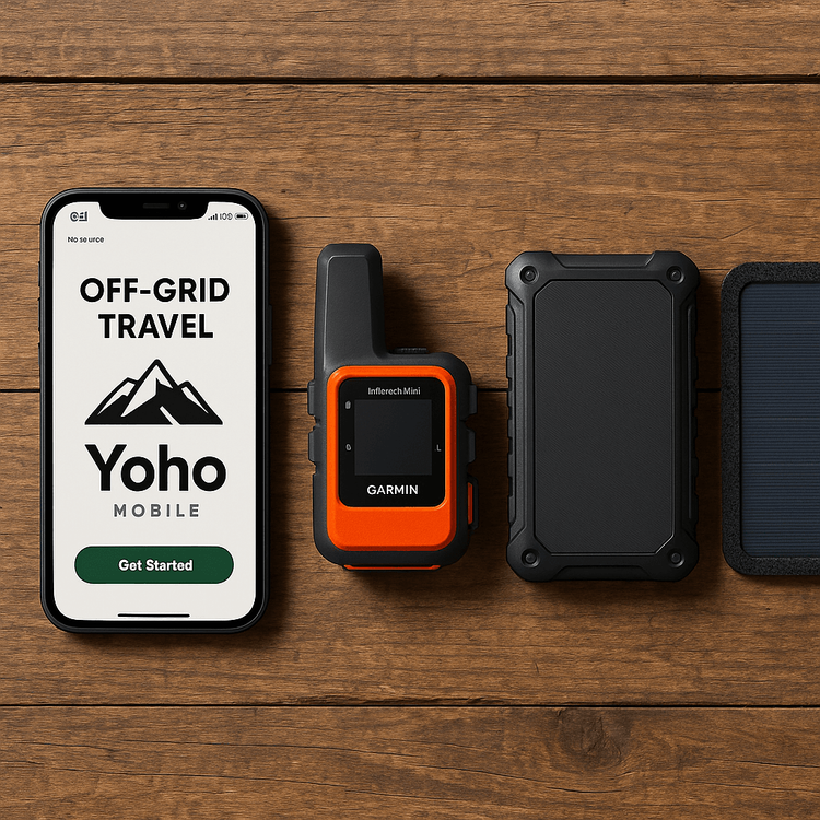 Essential tech kit for remote travel, including a smartphone with Yoho Mobile eSIM, satellite messenger, and power bank.