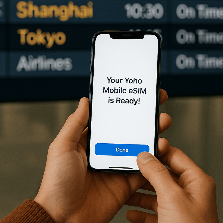 A traveler easily activating their Yoho Mobile eSIM on a smartphone before a flight to Asia.