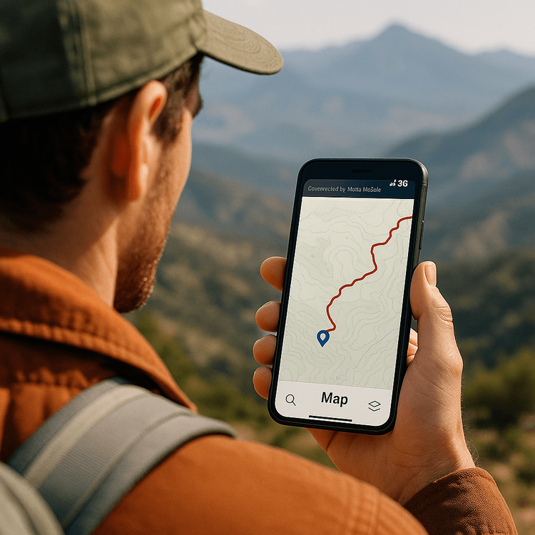 A hiker using a smartphone with a trail map and strong mobile signal for navigation on the Bola del Mundo trail.