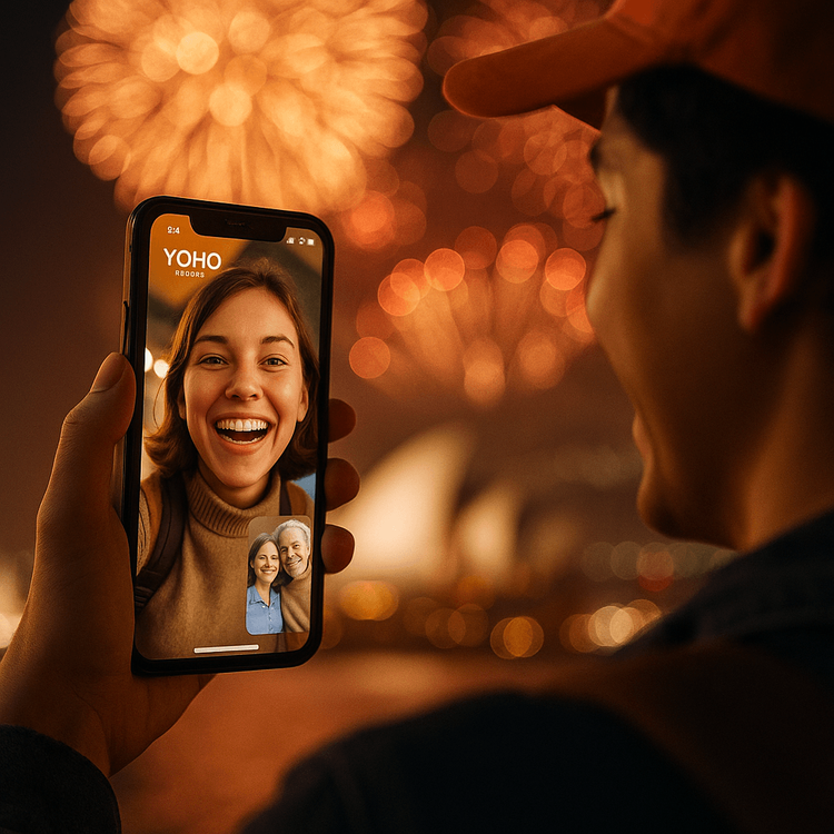 A person video calling family using a Yoho Mobile eSIM during Sydney's New Year's Eve fireworks.