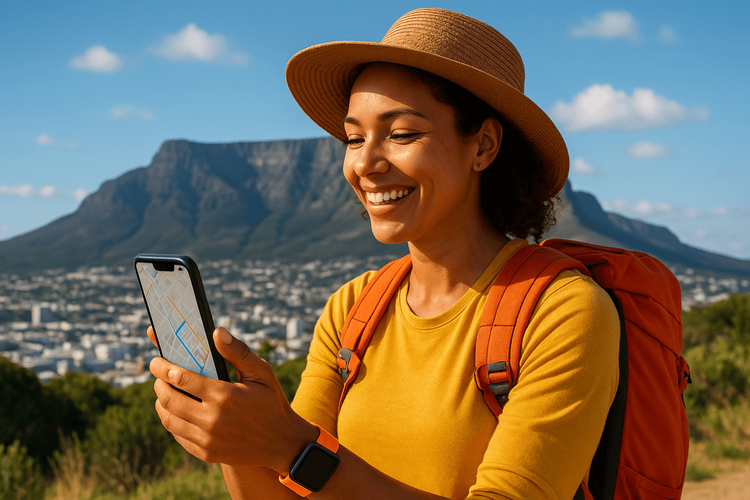 A traveler using a Yoho Mobile eSIM on her phone for navigation with Table Mountain, Cape Town in the background.