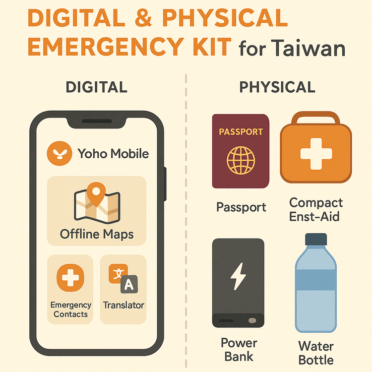An infographic showing a traveler's emergency kit for Taiwan, including a smartphone with apps, a passport, and a first-aid kit.