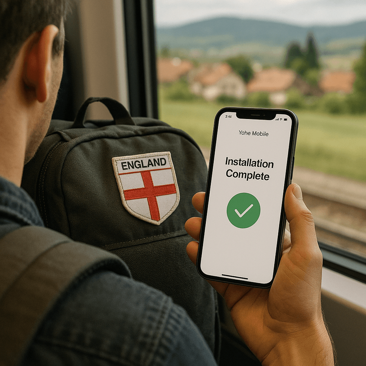 A traveling England fan easily completing the one-minute Yoho Mobile eSIM installation on their iPhone before arriving at their destination.
