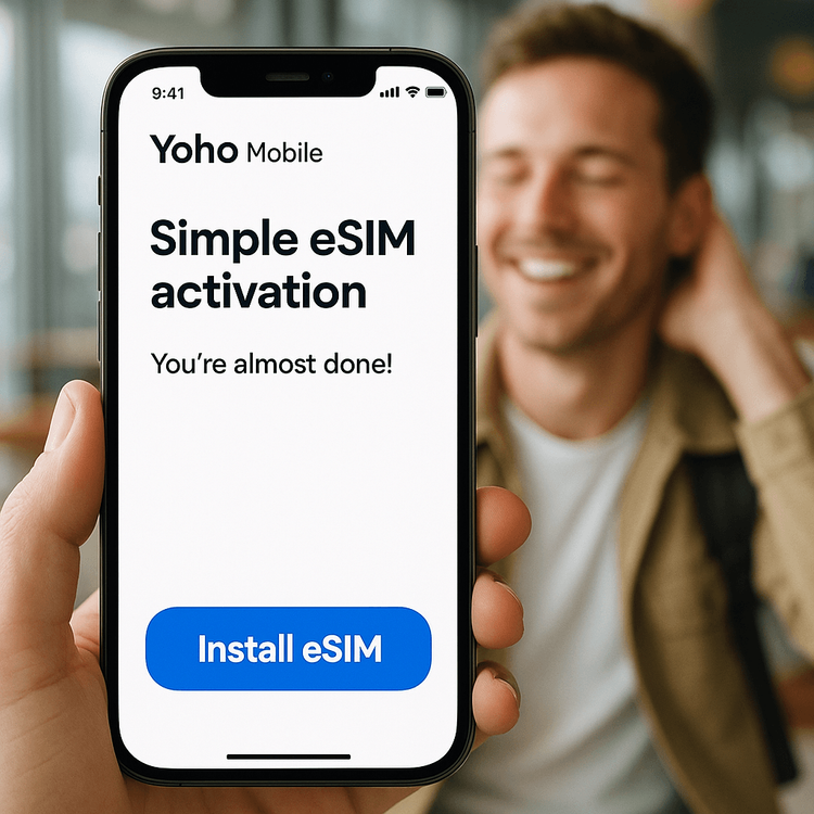 Visual guide showing the simple one-tap eSIM installation for iOS users with Yoho Mobile.