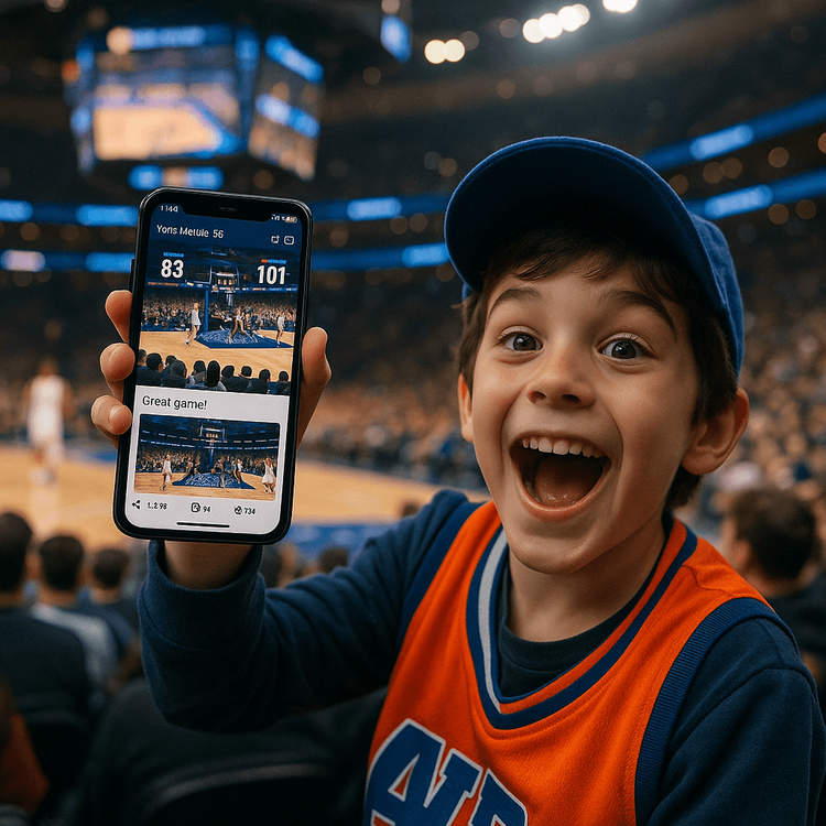 A basketball fan using a Yoho Mobile eSIM on their phone to share moments live from an NBA game in an arena.