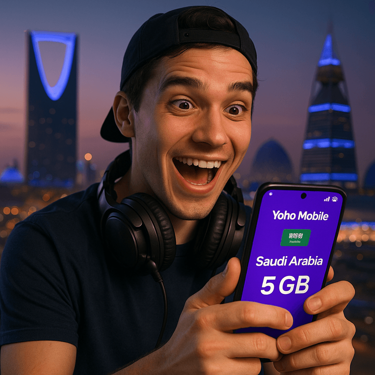 Gamer using Yoho Mobile eSIM on his smartphone with a Riyadh cityscape in the background for the Esports World Cup.