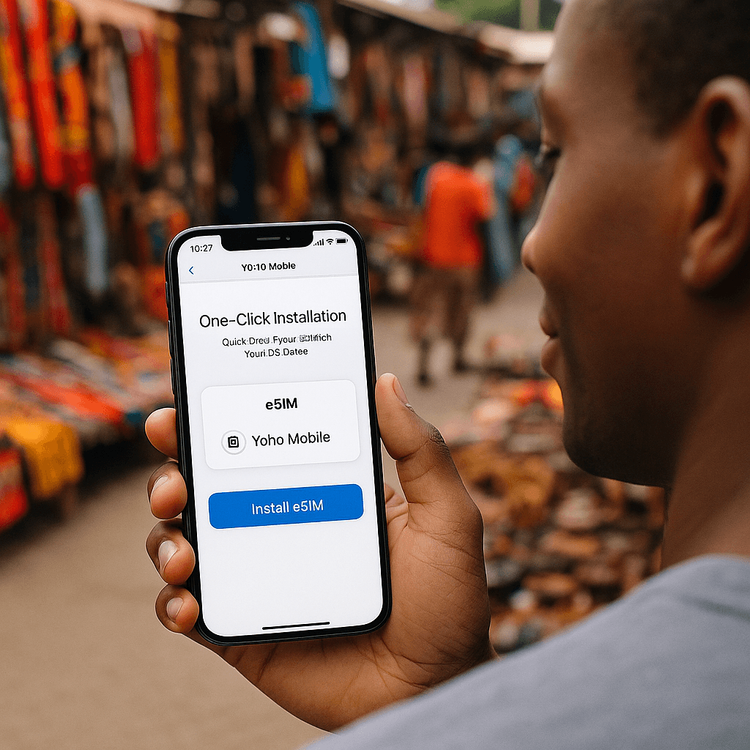 A user easily installing a Yoho Mobile Africa eSIM on their iPhone in a busy market.