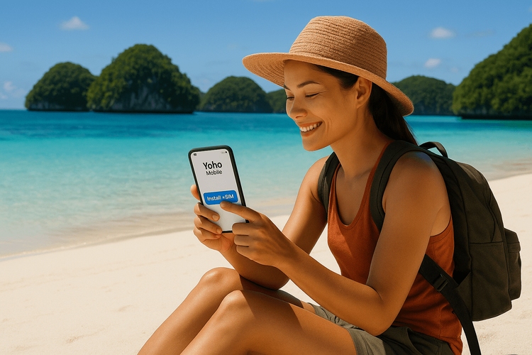 A traveler easily setting up her Yoho Mobile Palau eSIM on a beautiful beach.