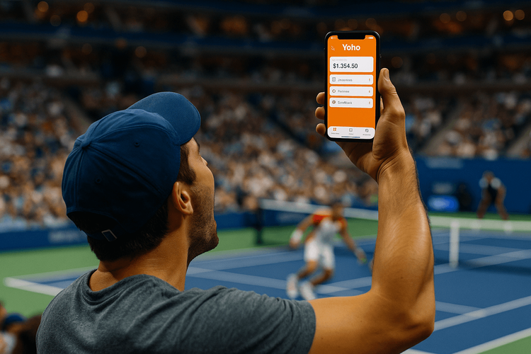 A tennis fan using a Yoho Mobile eSIM on their phone to stay connected at an ATP Tour match.