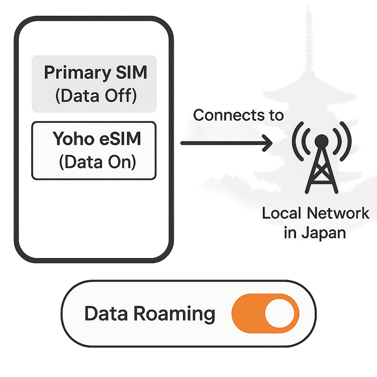 Diagram explaining how a travel eSIM uses data roaming to connect to a local network abroad.