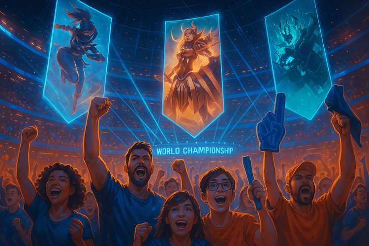 Excited esports fans cheering at the League of Legends World Championship arena.