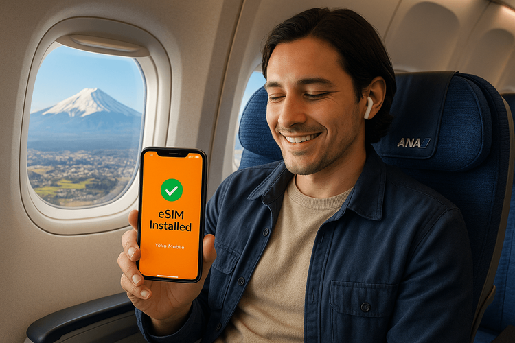 ANA passenger easily installing a Yoho Mobile eSIM for Japan before landing.