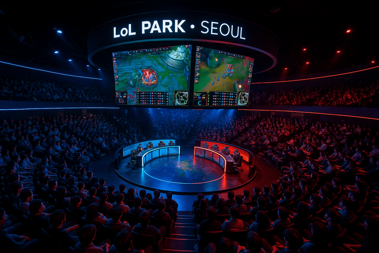 The vibrant and modern interior of the LoL Park esports arena in Seoul during an LCK match.
