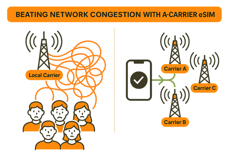 Infographic comparing a congested single mobile network to a flexible multi-carrier eSIM finding the best signal.