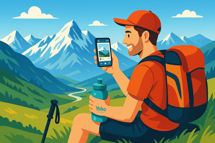 A hiker connected with a Yoho Mobile data plan in the Pyrenees mountains, Andorra.
