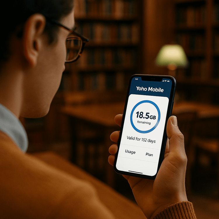 A student checking their ample data balance on the Yoho Mobile app, feeling secure about their long-term connectivity.