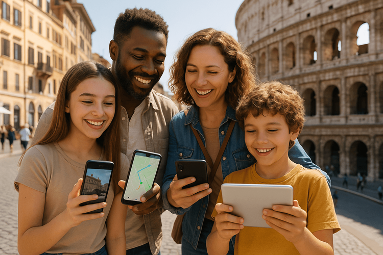 A family enjoys their vacation in Europe, each member connected with their own device thanks to individual eSIMs.