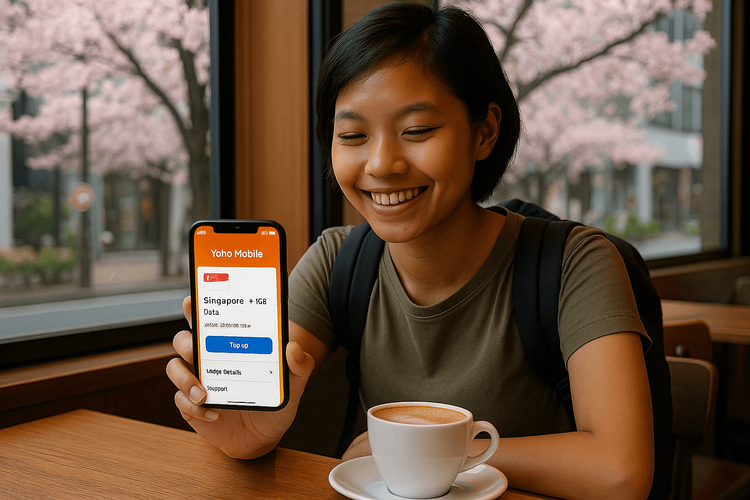 A Singaporean traveler enjoying seamless connectivity in Japan using a Yoho Mobile eSIM.