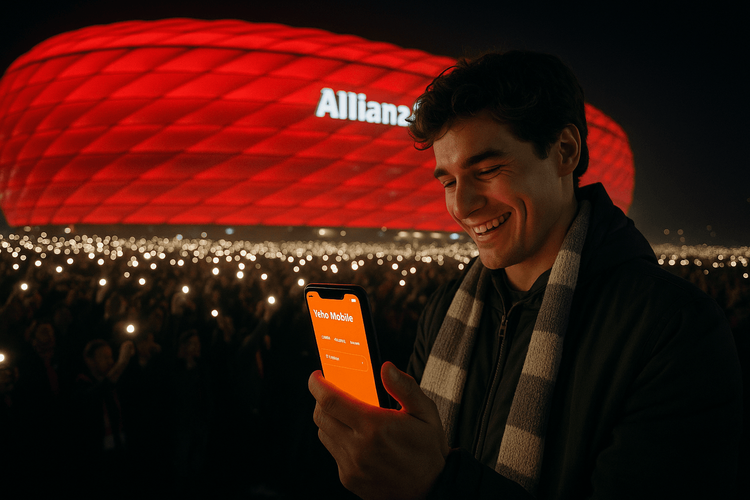 A football fan using a Yoho Mobile eSIM on their phone outside the glowing red Allianz Arena before a Bayern Munich match.