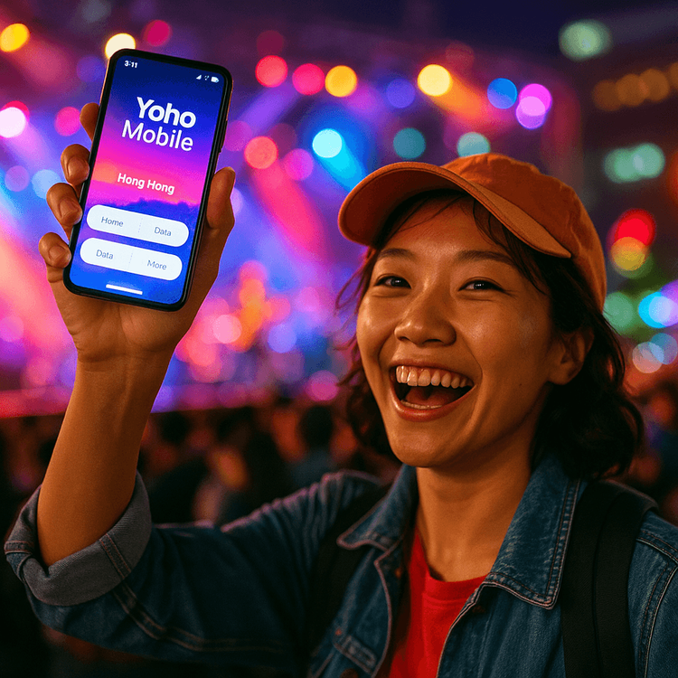 A concert-goer using a Yoho Mobile eSIM on their phone at a Hong Kong concert.