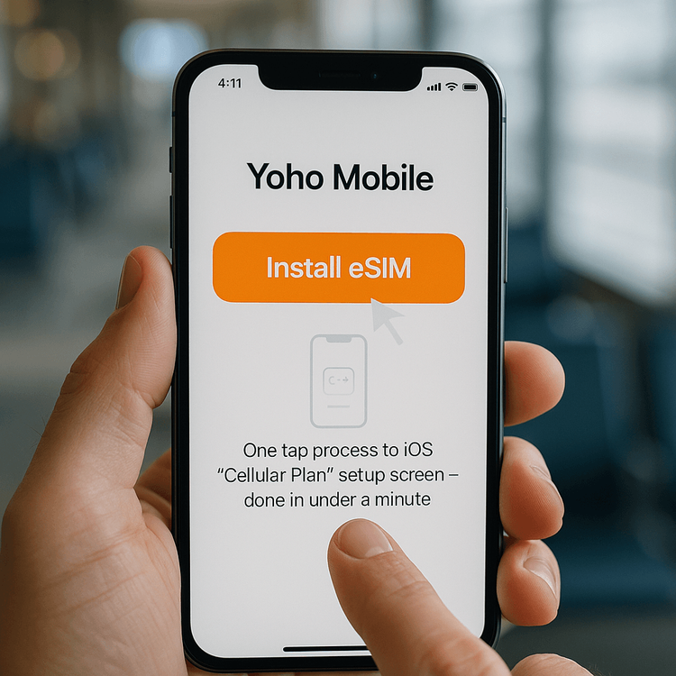 A user installing a Yoho Mobile eSIM on an iPhone with a single tap in the app before their flight.