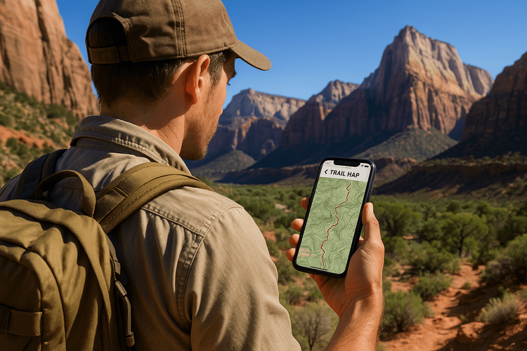 A hiker using a smartphone with an offline map app to navigate a trail in Zion National Park.