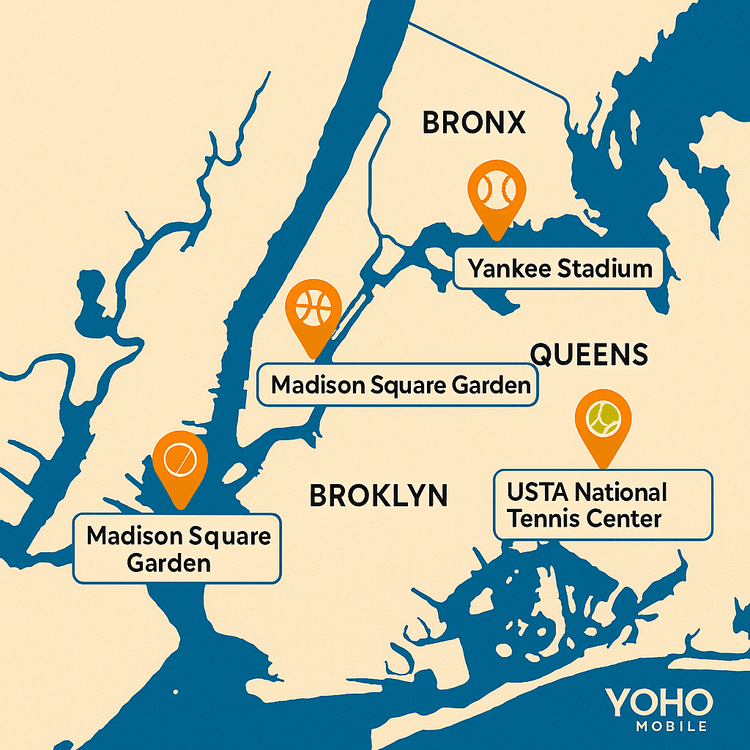 A map of New York City showing the locations of major sports venues like Madison Square Garden, Yankee Stadium, and Barclays Center.