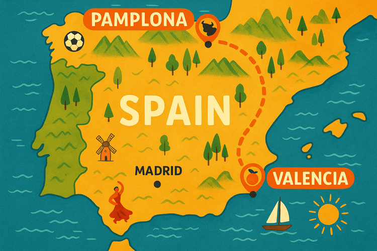 Illustrated map showing the travel route from Pamplona to Valencia for a La Liga football trip in Spain.