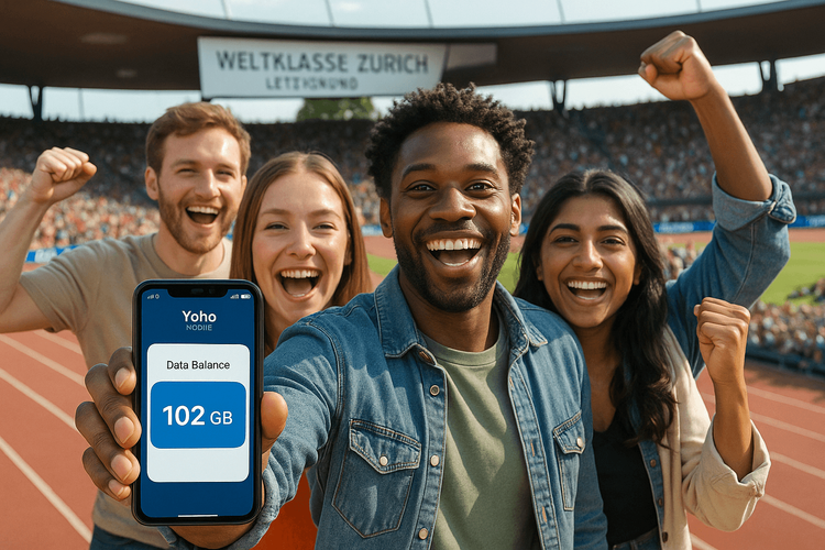 Athletics fans using a Yoho Mobile eSIM on a smartphone to stay connected at Letzigrund stadium during Weltklasse Zurich.