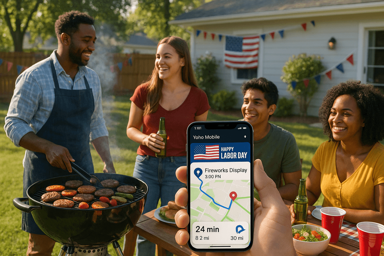 Friends at a Labor Day BBQ using a smartphone with a Yoho Mobile eSIM to stay connected.