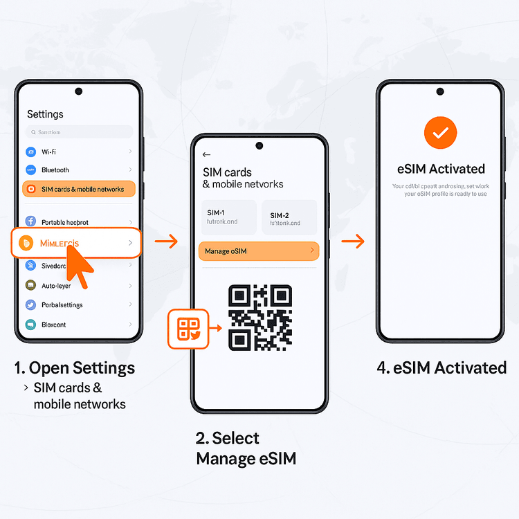 Step-by-step visual guide on how to install a Yoho Mobile eSIM on a Xiaomi phone.