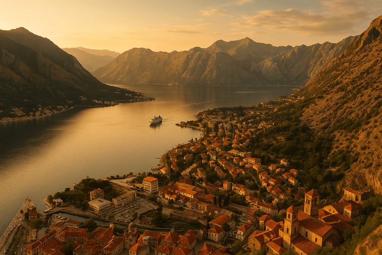 A stunning sunset view over the Bay of Kotor, Montenegro, showcasing its beautiful landscape and historic town.