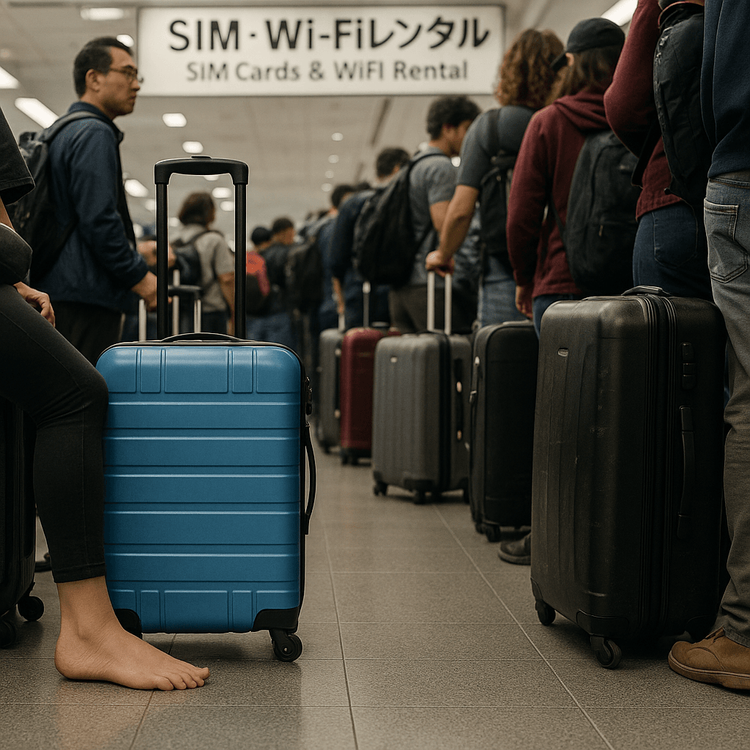 A long queue of tired travelers waiting to buy a SIM card at Narita airport.