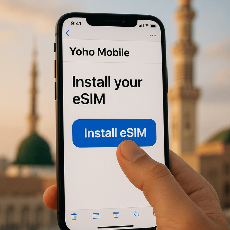 Demonstration of the simple one-click Yoho Mobile eSIM installation process for iOS devices for travel to Saudi Arabia.