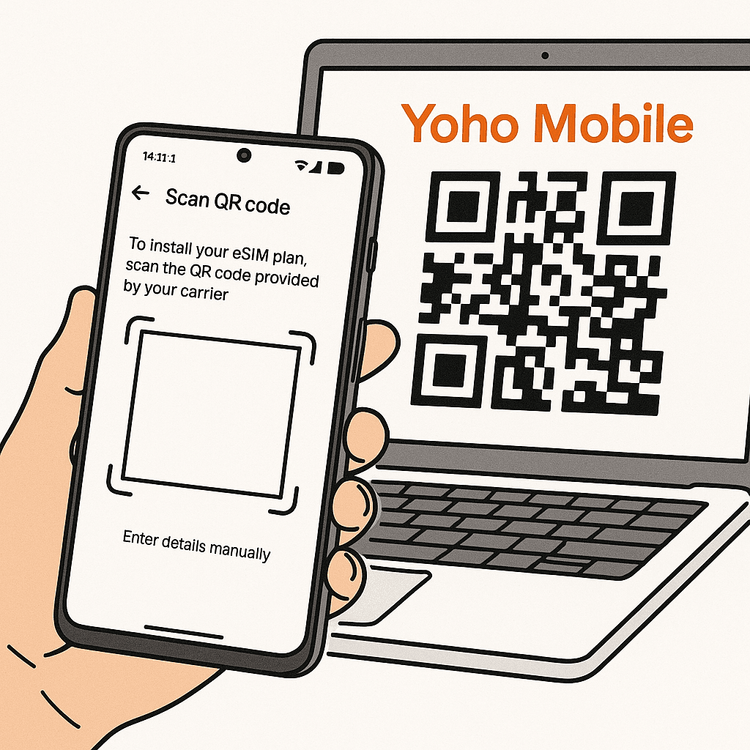 An illustration of a user scanning a Yoho Mobile eSIM QR code from a laptop screen with their OnePlus 15.