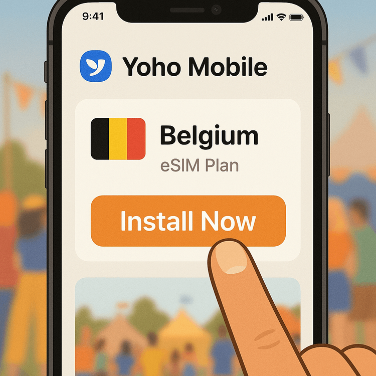 Illustration of the one-click installation process for a Yoho Mobile eSIM on an iPhone for Pukkelpop festival.