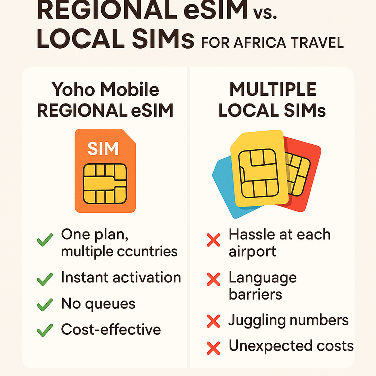 An infographic comparing the convenience and cost-effectiveness of a regional eSIM against multiple local SIM cards for travel in Africa.