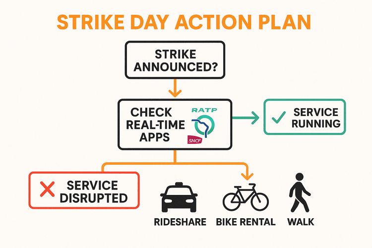 Infographic flowchart showing a step-by-step plan for dealing with a transport strike in France.