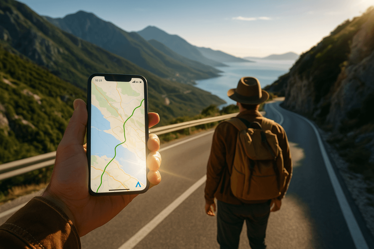 A traveler navigating a Balkan road trip using a smartphone powered by a Yoho Mobile eSIM.