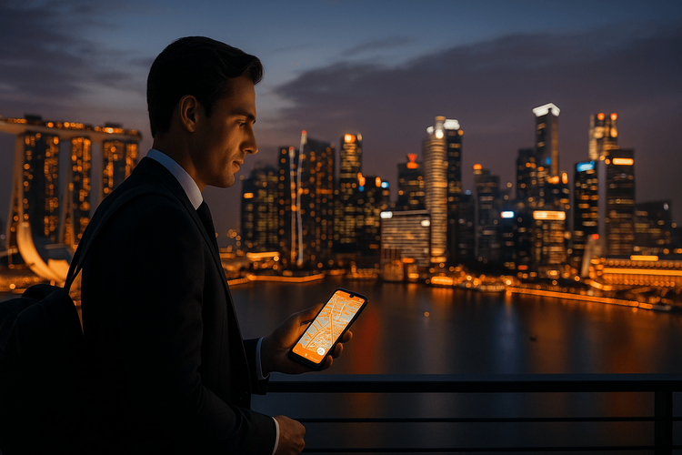 A business traveler using a smartphone with a view of the Singapore CBD skyline, representing digital connectivity for business travel.
