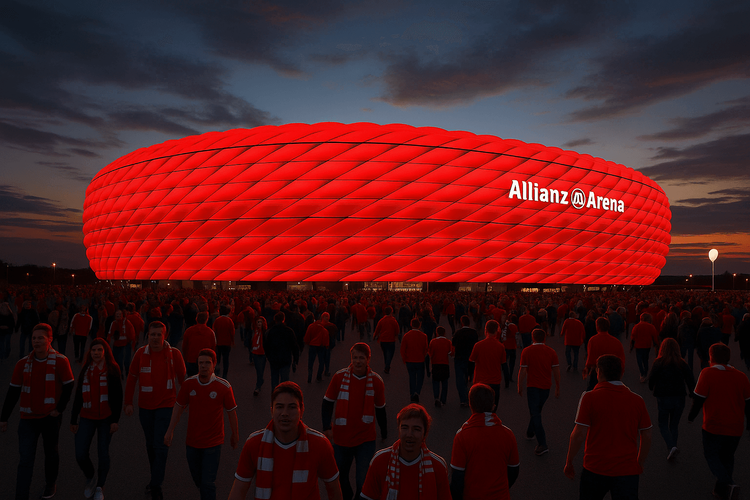 The Allianz Arena illuminated in red at dusk with football fans heading to a match.
