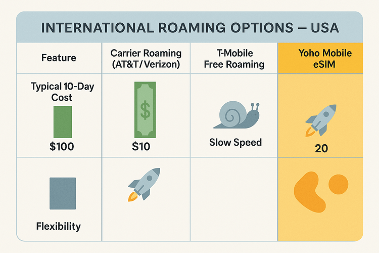 Infographic comparing the cost, speed, and flexibility of carrier roaming plans versus a Yoho Mobile eSIM for a 10-day trip to the USA.