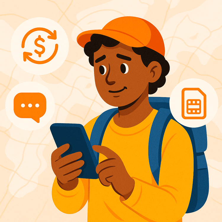 Illustration of a traveler finding solutions for a wrong eSIM plan purchase with support and refund icons.