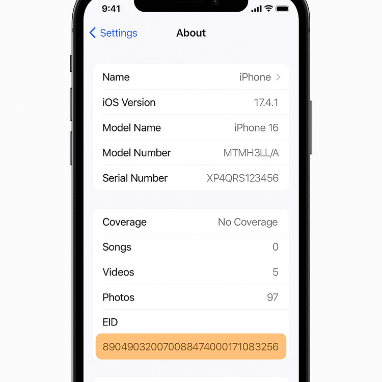 A step-by-step diagram showing how to find the EID number in the settings menu of an iPhone.