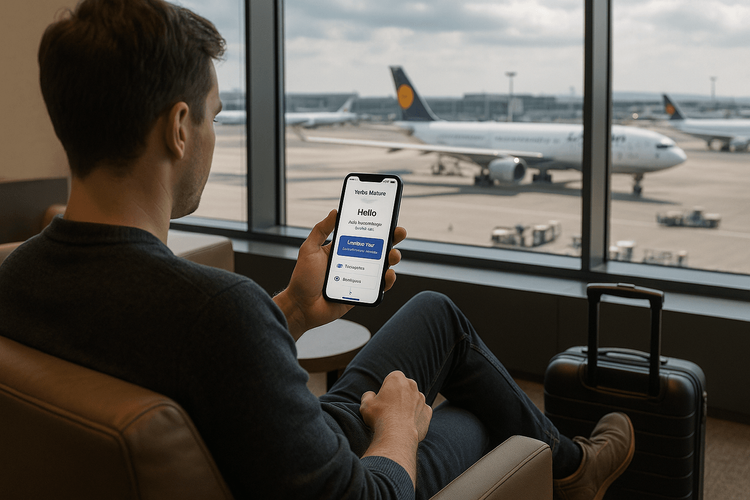A traveler using a Yoho Mobile eSIM on their phone while relaxing in a Frankfurt Airport lounge during a long layover.