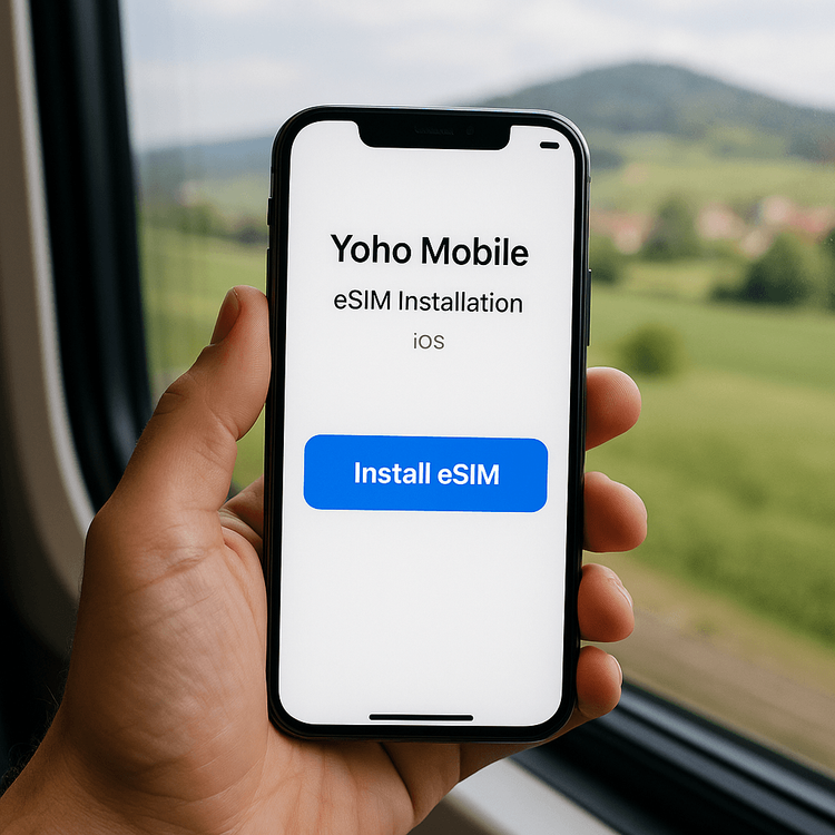 A close-up of a smartphone screen showing the simple one-click Yoho Mobile eSIM installation for iOS devices.