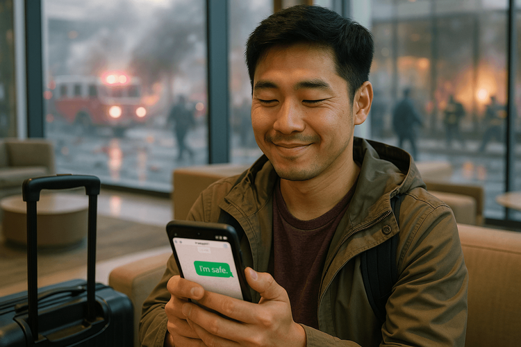 A traveler safely communicates with loved ones on their smartphone after an emergency, thanks to a reliable eSIM connection.